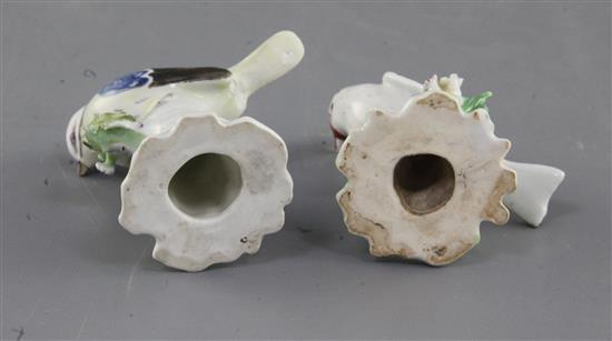 Two Derby models of a blue tit and a goldfinch, c.1765-70, h. 7cm, restorations